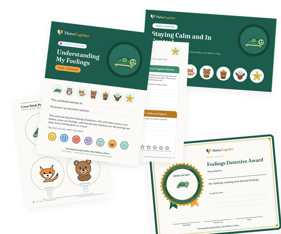 ThriveTogether workbook pages, slides, puppets and a Hero Award certificate